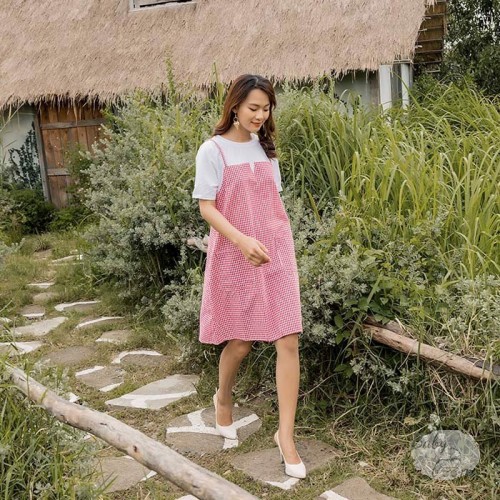 Đầm bầu phối yếm sọc caro 