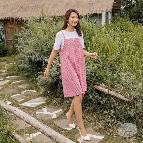 Đầm bầu phối yếm sọc caro 