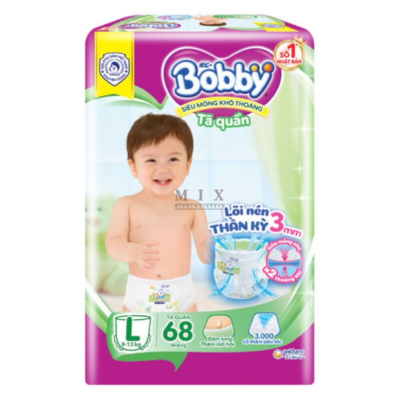 Bỉm tã dán Bobby size L, 68 miếng (9-13kg)